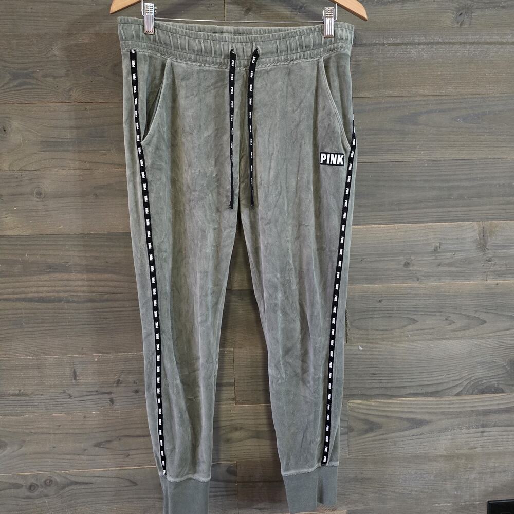 Victoria's Secret PINK Velour Jogger Pants Gray Logo Tape Lounge Women's M